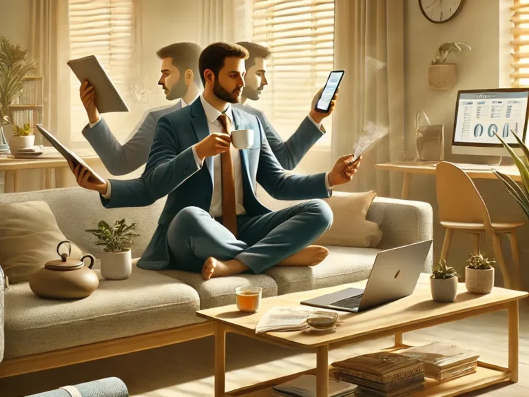 DALL·E 2024-12-13 22.19.16 - A realistic illustration depicting a busy professional, sitting in a calm, minimalist living room